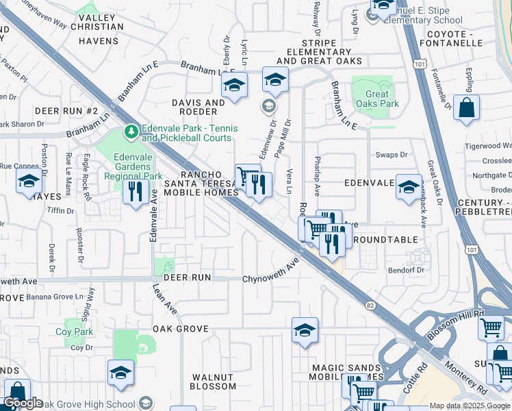 map of restaurants, bars, coffee shops, grocery stores, and more near 5150 Monterey Road in San Jose