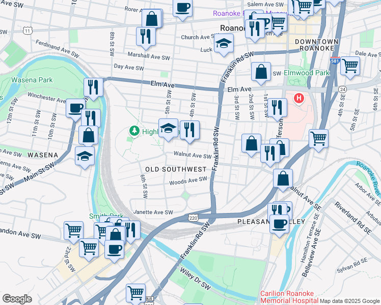 map of restaurants, bars, coffee shops, grocery stores, and more near 379 Walnut Avenue Southwest in Roanoke