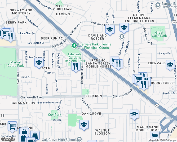 map of restaurants, bars, coffee shops, grocery stores, and more near 510 Saddlebrook Drive in San Jose