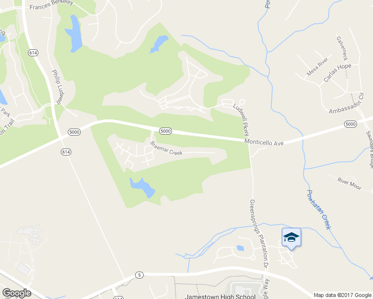 map of restaurants, bars, coffee shops, grocery stores, and more near 404 Braemar Creek in Williamsburg