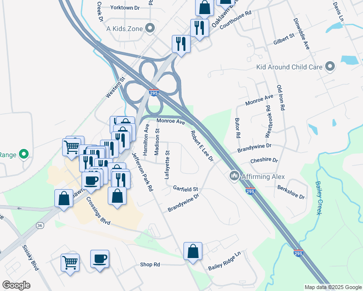 map of restaurants, bars, coffee shops, grocery stores, and more near 407 Briarwood Circle in Hopewell