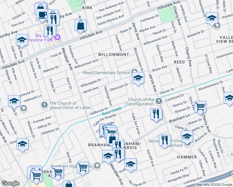 map of restaurants, bars, coffee shops, grocery stores, and more near 1554 Glencrest Court in San Jose