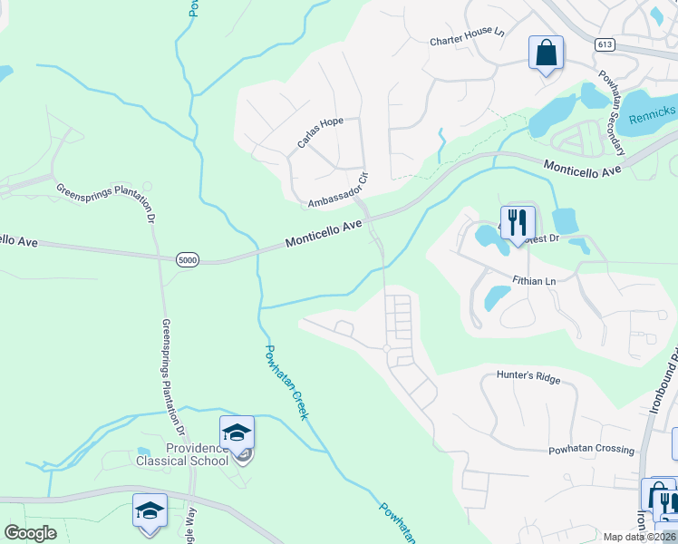 map of restaurants, bars, coffee shops, grocery stores, and more near 3851 Monticello Avenue in Williamsburg