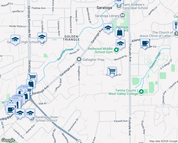 map of restaurants, bars, coffee shops, grocery stores, and more near 14150 Woodview Lane in Saratoga
