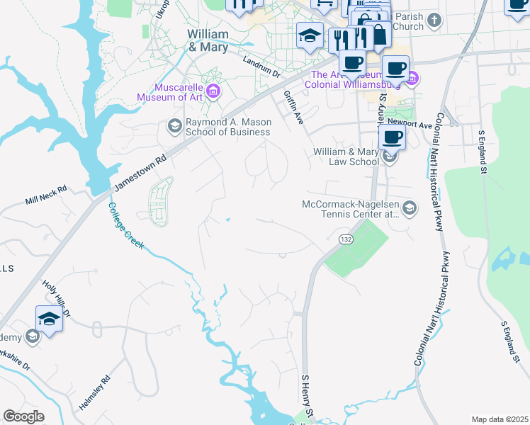 map of restaurants, bars, coffee shops, grocery stores, and more near 149 Hunting Cove in Williamsburg