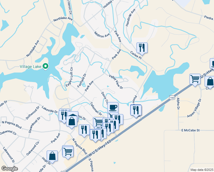 map of restaurants, bars, coffee shops, grocery stores, and more near 1759 Valley View Drive in Pagosa Springs