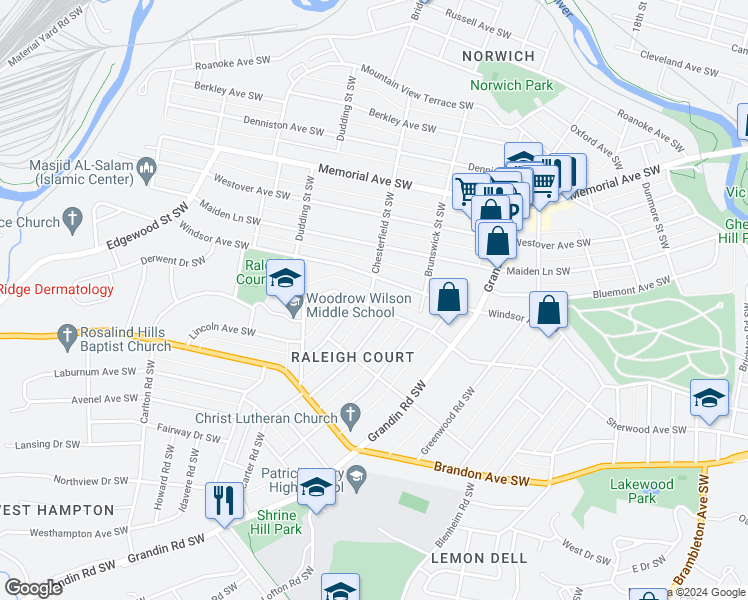 map of restaurants, bars, coffee shops, grocery stores, and more near 1718 Chesterfield Street Southwest in Roanoke
