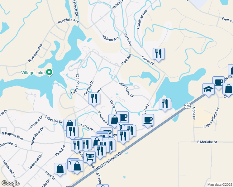map of restaurants, bars, coffee shops, grocery stores, and more near 1759 Valley View Drive in Pagosa Springs
