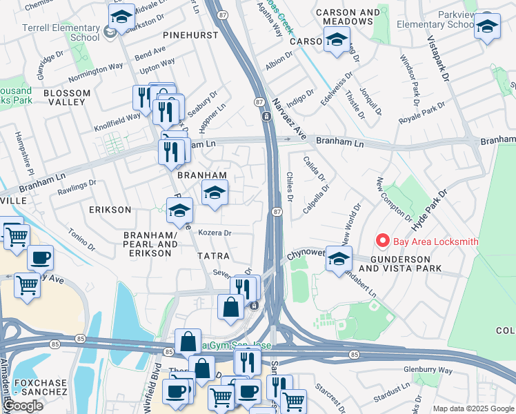 map of restaurants, bars, coffee shops, grocery stores, and more near 4984 Severance Drive in San Jose