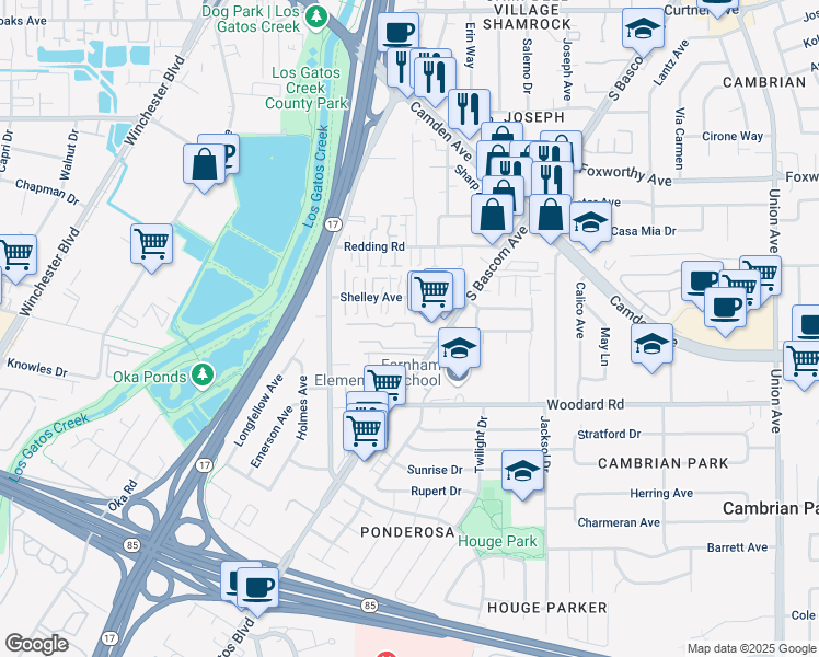 map of restaurants, bars, coffee shops, grocery stores, and more near 198 Shelley Avenue in Campbell