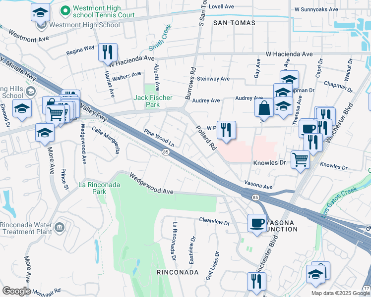 map of restaurants, bars, coffee shops, grocery stores, and more near 935 Castlewood Drive in Los Gatos