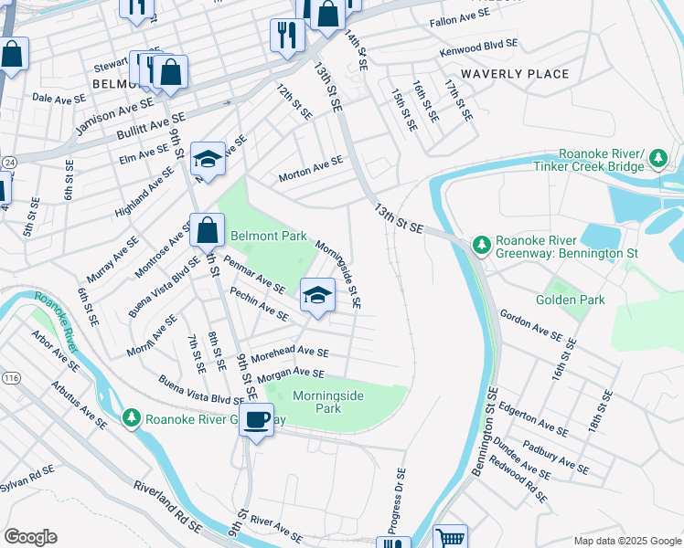 map of restaurants, bars, coffee shops, grocery stores, and more near 1504 Morningside Street Southeast in Roanoke