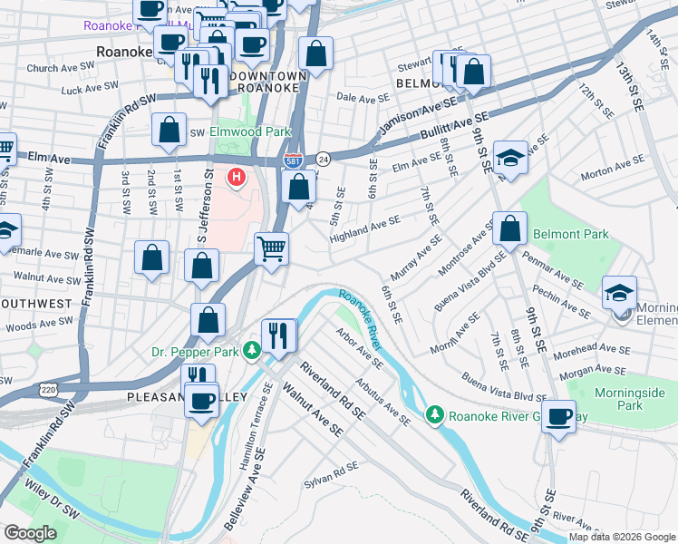 map of restaurants, bars, coffee shops, grocery stores, and more near 502 Albemarle Avenue Southeast in Roanoke