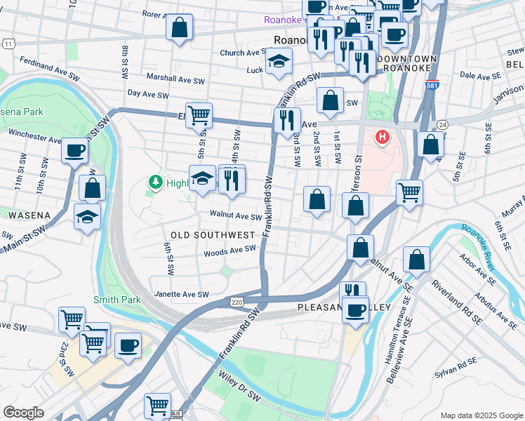 map of restaurants, bars, coffee shops, grocery stores, and more near 1201 Franklin Road in Roanoke