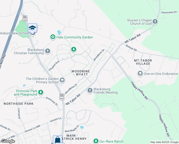 map of restaurants, bars, coffee shops, grocery stores, and more near 310 Woodbine Drive in Blacksburg