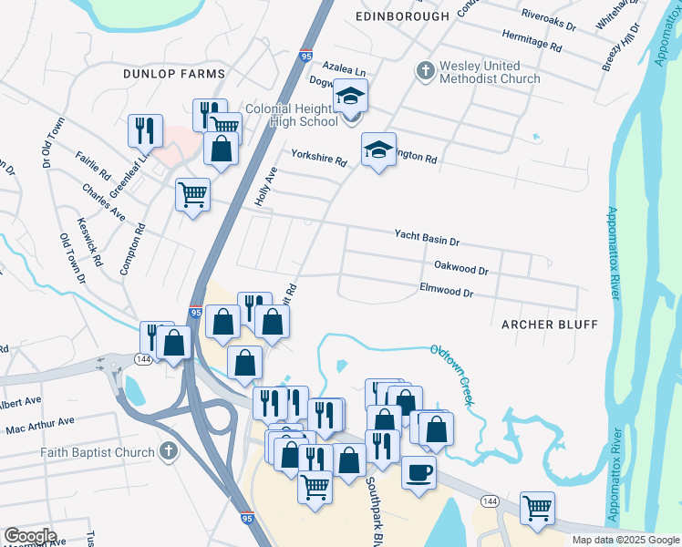 map of restaurants, bars, coffee shops, grocery stores, and more near 3101 Greenwood Avenue in Colonial Heights