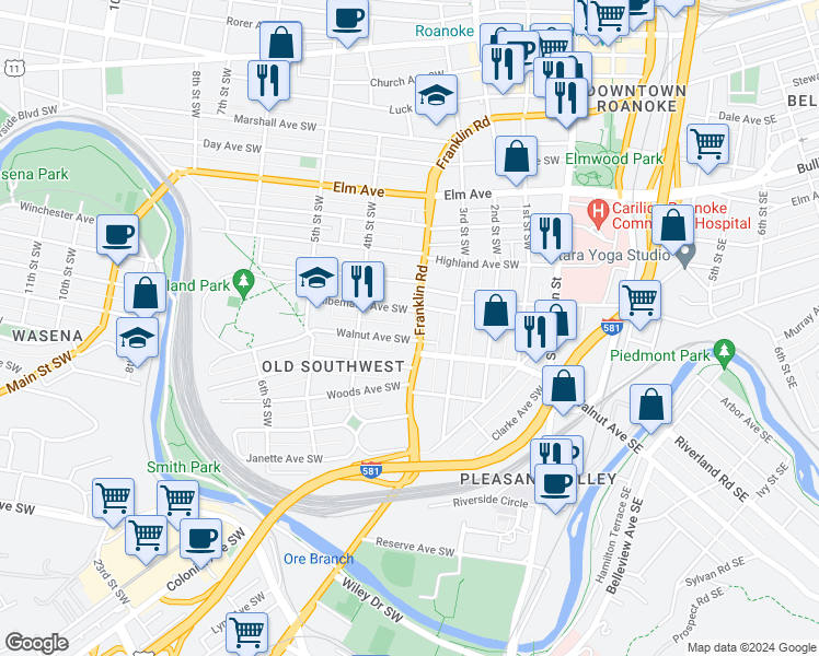 map of restaurants, bars, coffee shops, grocery stores, and more near 1201 Franklin Road in Roanoke