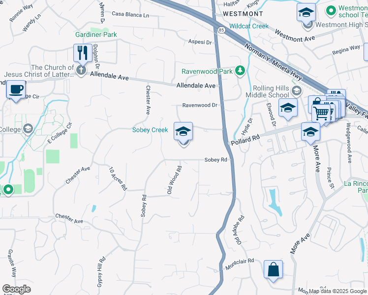 map of restaurants, bars, coffee shops, grocery stores, and more near 14114 Marilyn Lane in Saratoga