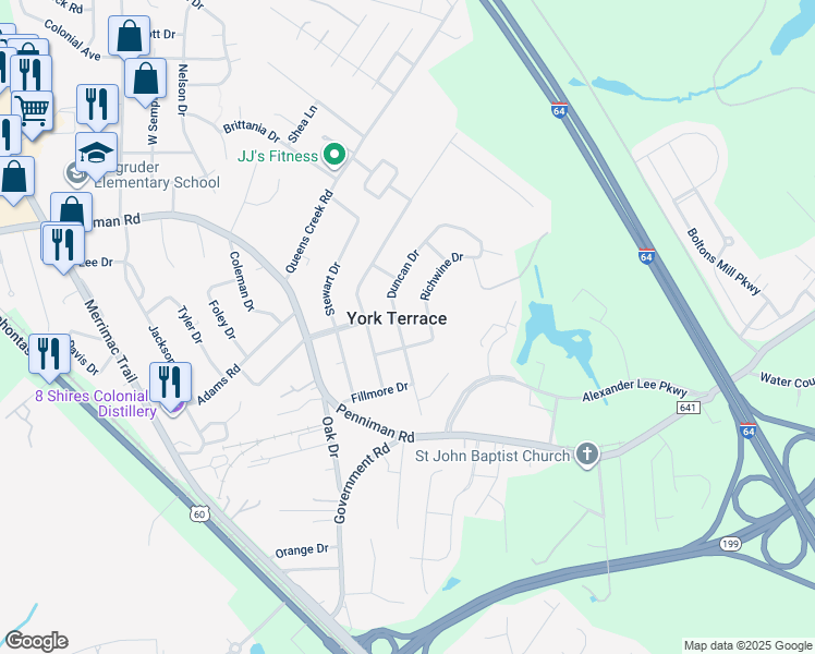 map of restaurants, bars, coffee shops, grocery stores, and more near 1194 Duncan Drive in Williamsburg