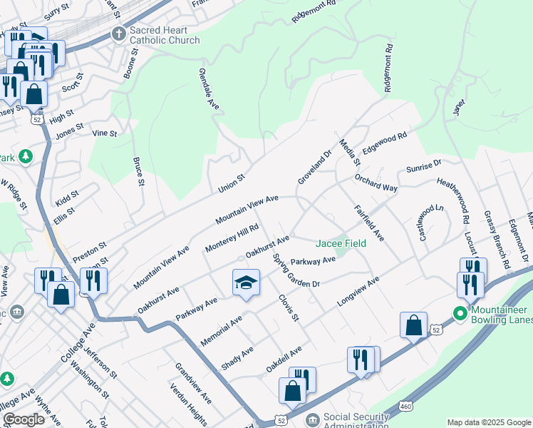 map of restaurants, bars, coffee shops, grocery stores, and more near 604 Mountain View Avenue in Bluefield