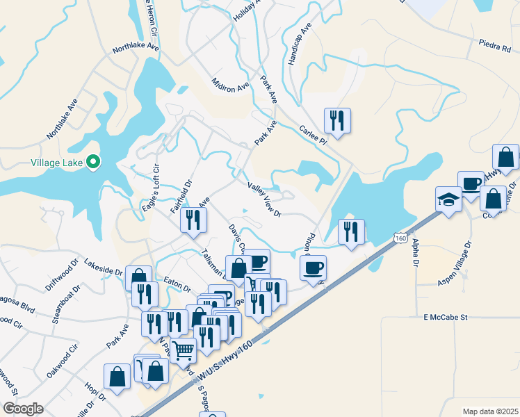 map of restaurants, bars, coffee shops, grocery stores, and more near 1759 Valley View Drive in Pagosa Springs