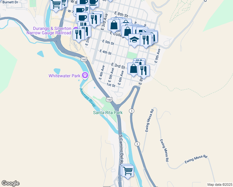 map of restaurants, bars, coffee shops, grocery stores, and more near 1 East 6th Avenue in Durango