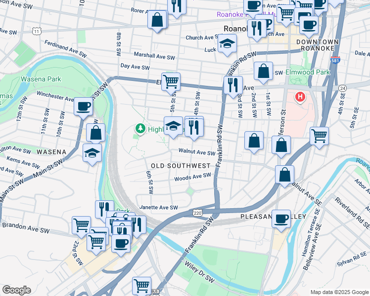 map of restaurants, bars, coffee shops, grocery stores, and more near 411 Walnut Avenue Southwest in Roanoke