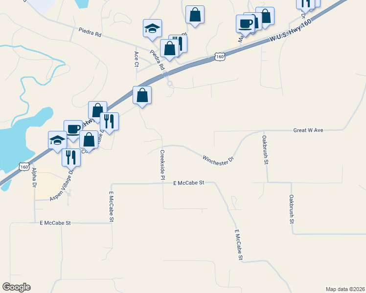 map of restaurants, bars, coffee shops, grocery stores, and more near 66 Winchester Drive in Pagosa Springs