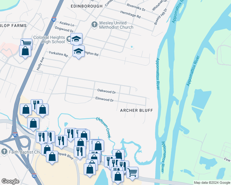 map of restaurants, bars, coffee shops, grocery stores, and more near 1216 Oakwood Drive in Colonial Heights