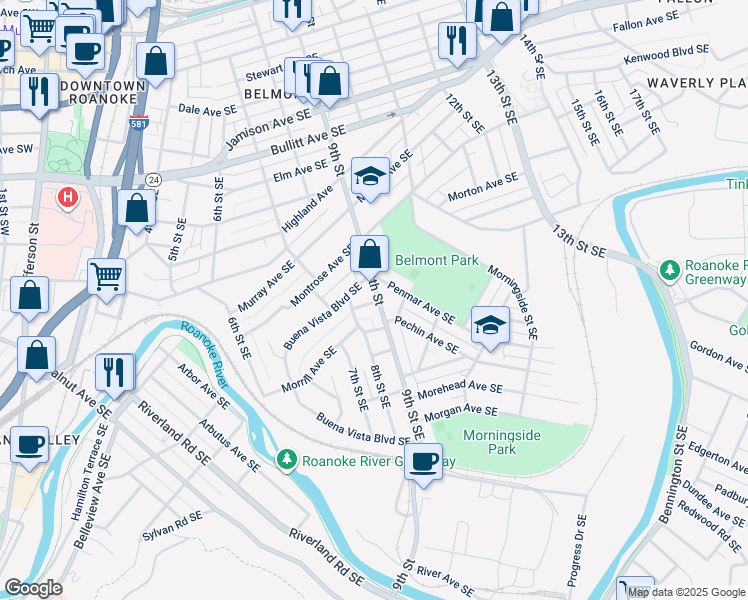 map of restaurants, bars, coffee shops, grocery stores, and more near 1223 9th Street Southeast in Roanoke