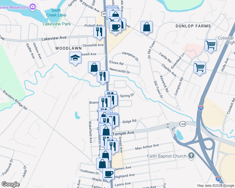 map of restaurants, bars, coffee shops, grocery stores, and more near 201 South Valley Road in Colonial Heights