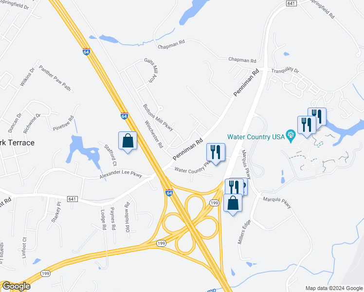 map of restaurants, bars, coffee shops, grocery stores, and more near 201 Clement's Mill Trace in Williamsburg