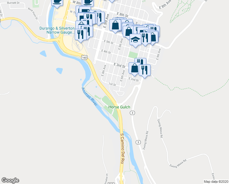map of restaurants, bars, coffee shops, grocery stores, and more near in Durango