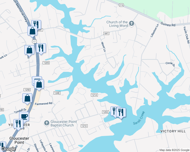 map of restaurants, bars, coffee shops, grocery stores, and more near 7826 Sunset Drive in Gloucester Point