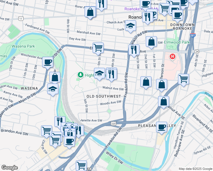 map of restaurants, bars, coffee shops, grocery stores, and more near 420 Albemarle Avenue Southwest in Roanoke