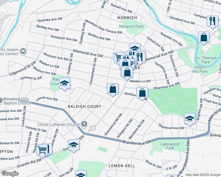 map of restaurants, bars, coffee shops, grocery stores, and more near 2043 Windsor Avenue Southwest in Roanoke