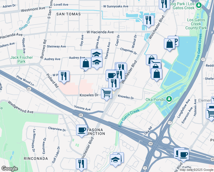 map of restaurants, bars, coffee shops, grocery stores, and more near 14145 Capri Drive in Los Gatos