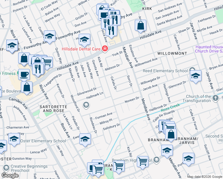 map of restaurants, bars, coffee shops, grocery stores, and more near 3782 Kirk Road in San Jose