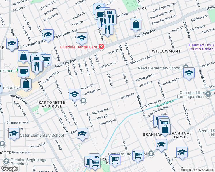 map of restaurants, bars, coffee shops, grocery stores, and more near 3782 Kirk Road in San Jose