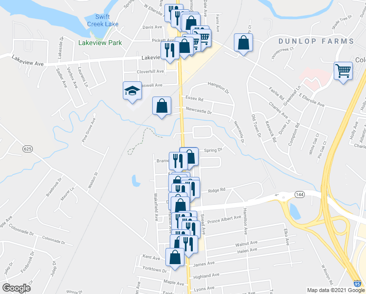 map of restaurants, bars, coffee shops, grocery stores, and more near 512 Boulevard in Colonial Heights