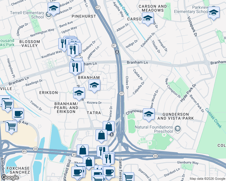 map of restaurants, bars, coffee shops, grocery stores, and more near 4984 Severance Drive in San Jose
