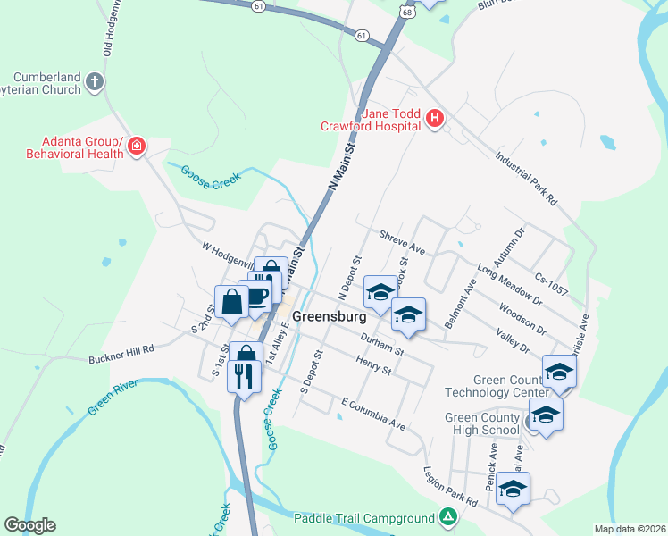 map of restaurants, bars, coffee shops, grocery stores, and more near 402 North Water Street in Greensburg