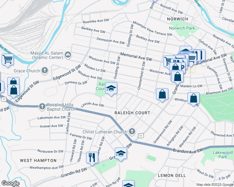 map of restaurants, bars, coffee shops, grocery stores, and more near 1712 Dudding St SW in Roanoke