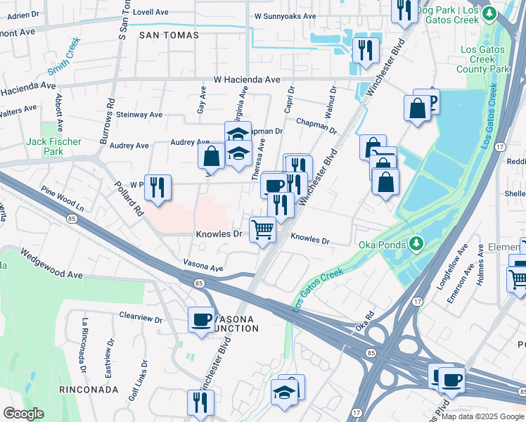 map of restaurants, bars, coffee shops, grocery stores, and more near 14145 Capri Drive in Los Gatos