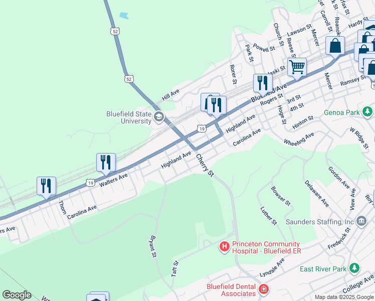 map of restaurants, bars, coffee shops, grocery stores, and more near 1210 Highland Ave in Bluefield