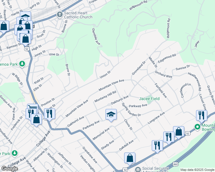 map of restaurants, bars, coffee shops, grocery stores, and more near Mountain View Avenue in Bluefield