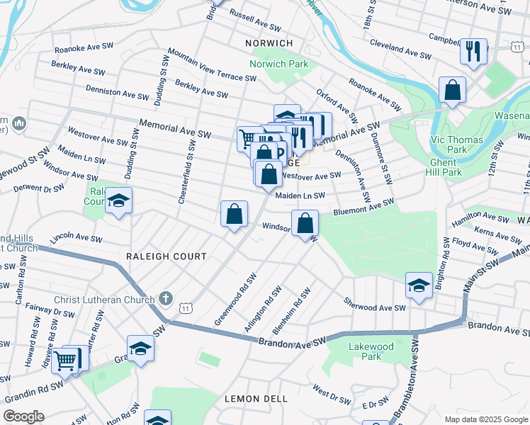 map of restaurants, bars, coffee shops, grocery stores, and more near 1527 Grandin Road Southwest in Roanoke