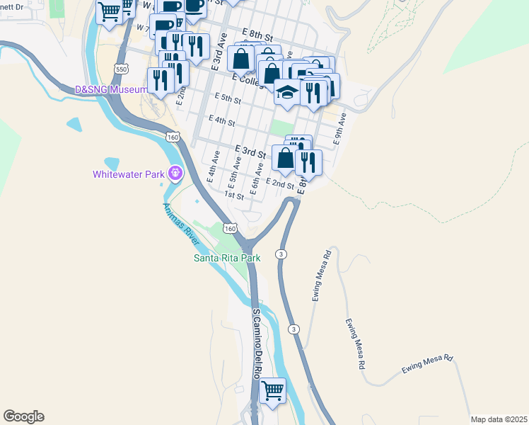 map of restaurants, bars, coffee shops, grocery stores, and more near 1 East 6th Avenue in Durango