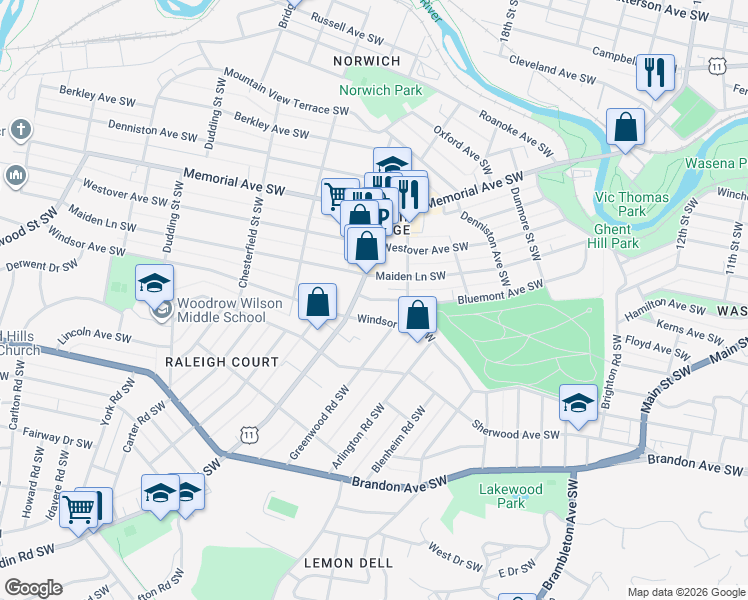 map of restaurants, bars, coffee shops, grocery stores, and more near 1927 Bluemont Ave SW in Roanoke