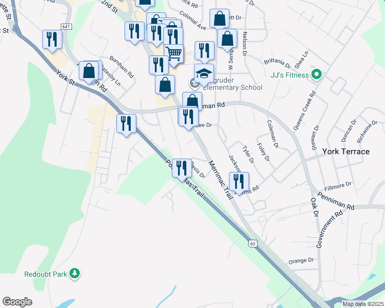 map of restaurants, bars, coffee shops, grocery stores, and more near 107 Davis Drive in Williamsburg